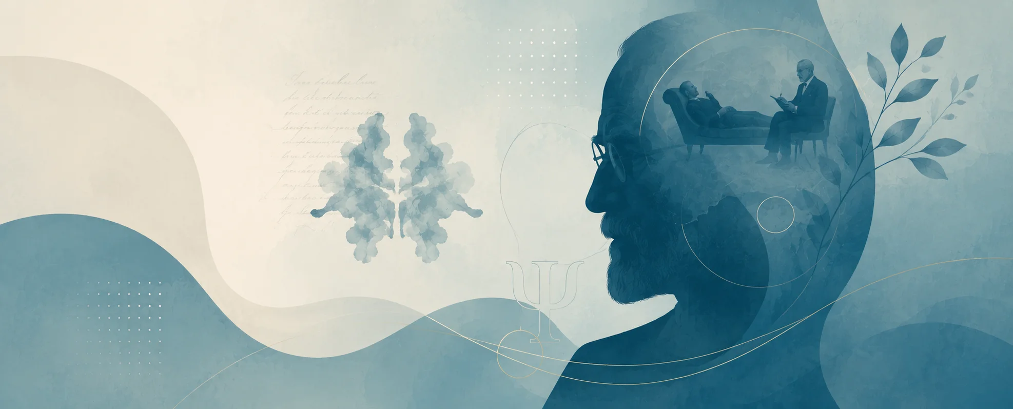 Ilustração editorial: silhueta de perfil contendo uma cena de psicoterapia, com referências a inkblots, plantas e ondas